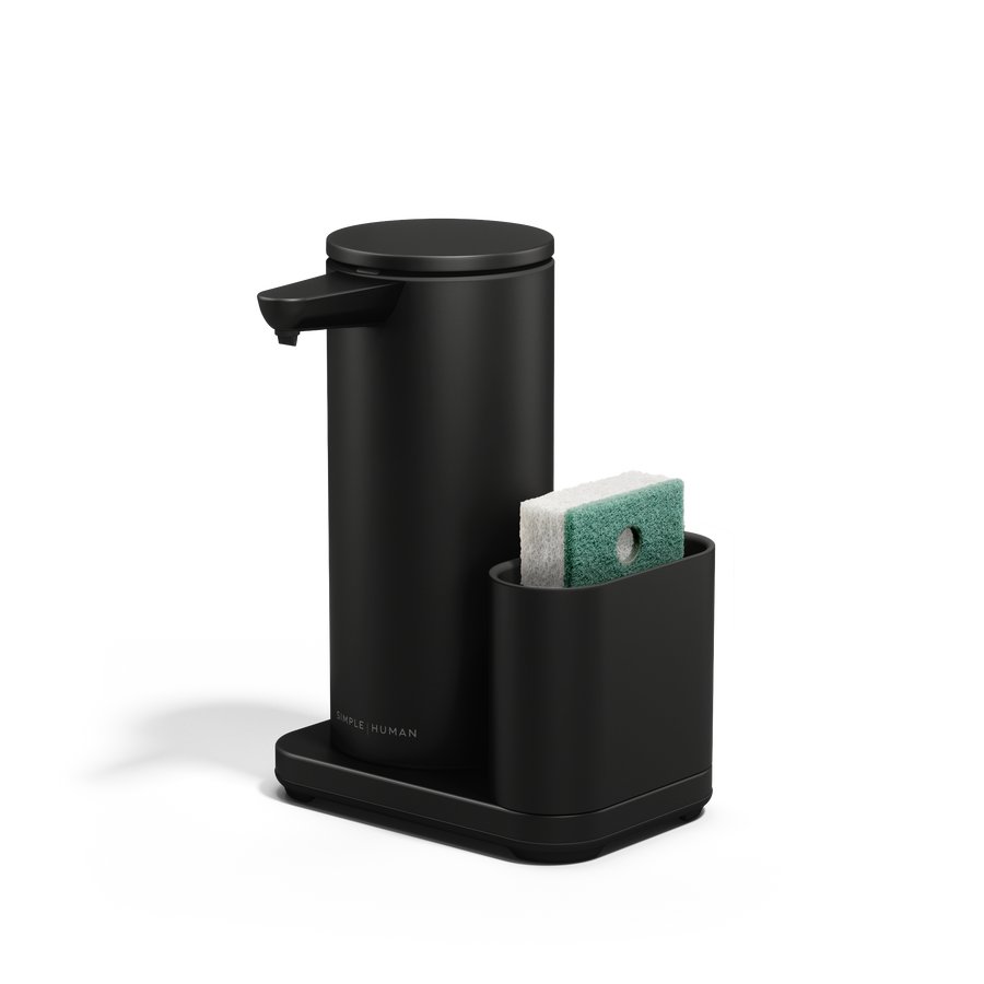 Angled view: Simplehuman Matte Black 14 oz Sensor Pump with caddy holding a sponge, space-saving design.