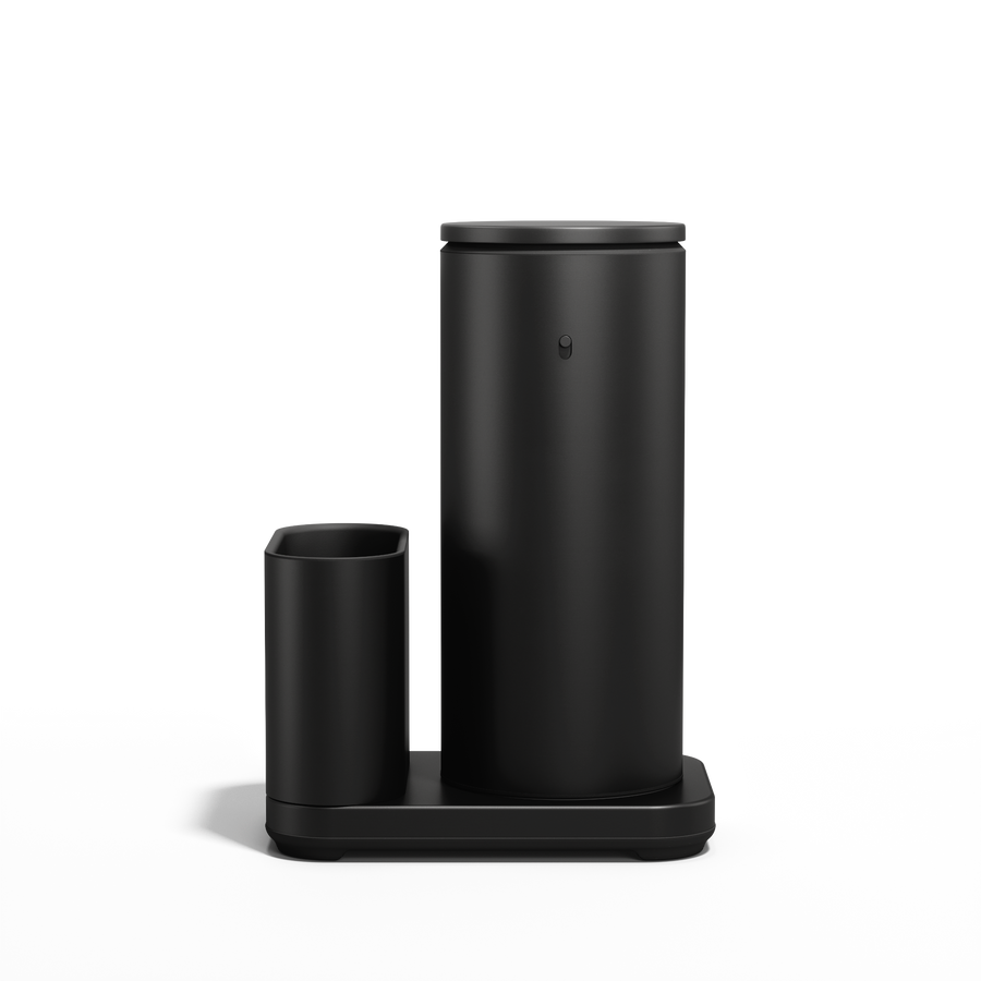 Simplehuman Matte Black 14 oz Sensor Pump and Caddy, profile view showing rechargeable touch-free design.