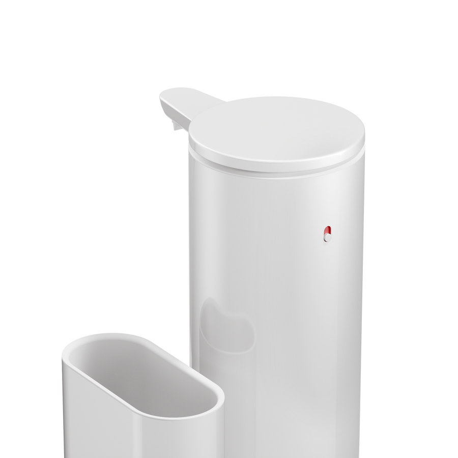 Detail view of Simplehuman White 14 oz Sensor Pump + Caddy, highlighting the touch-free sensor and indicator light.