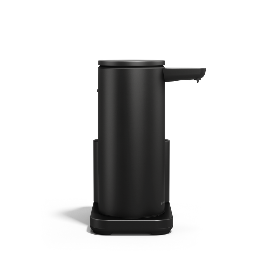 Side view of Simplehuman Matte Black 14 oz Sensor Pump + Caddy, touch-free rechargeable dispenser.