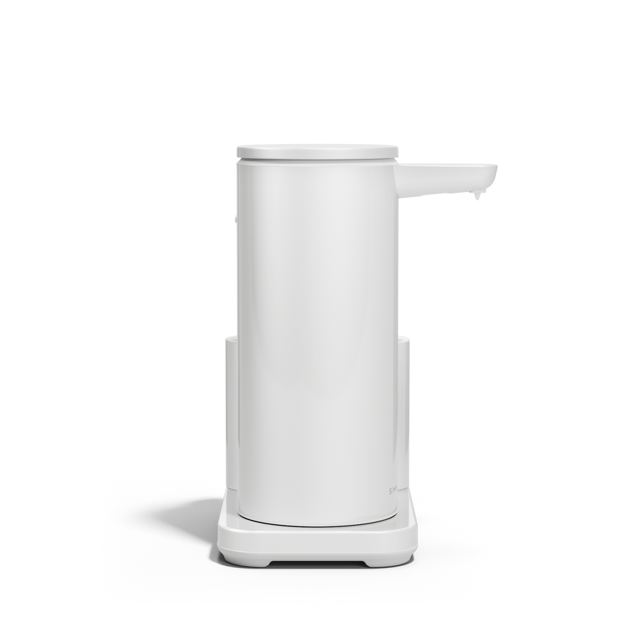 Side view of Simplehuman White 14 oz Sensor Pump + Caddy, rechargeable, touch-free, with integrated removable caddy.