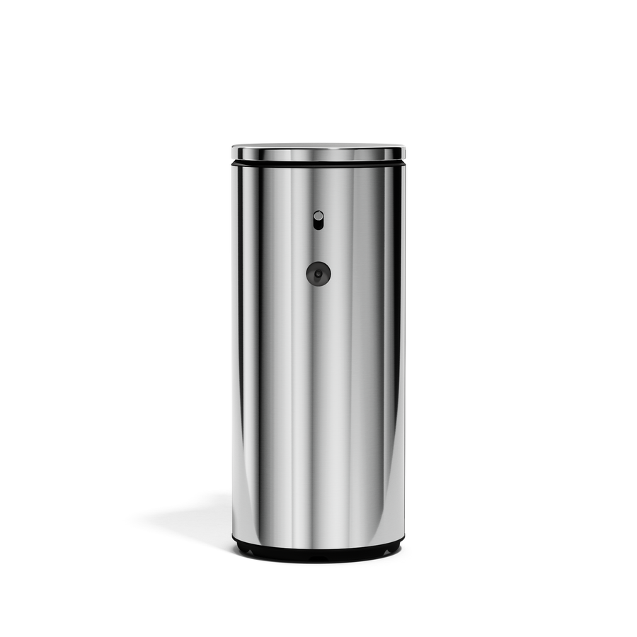 Straight-on view of Simplehuman 9 oz. Rechargeable Sensor Pump in Polished Stainless Steel, touch-free, adjustable dosage.