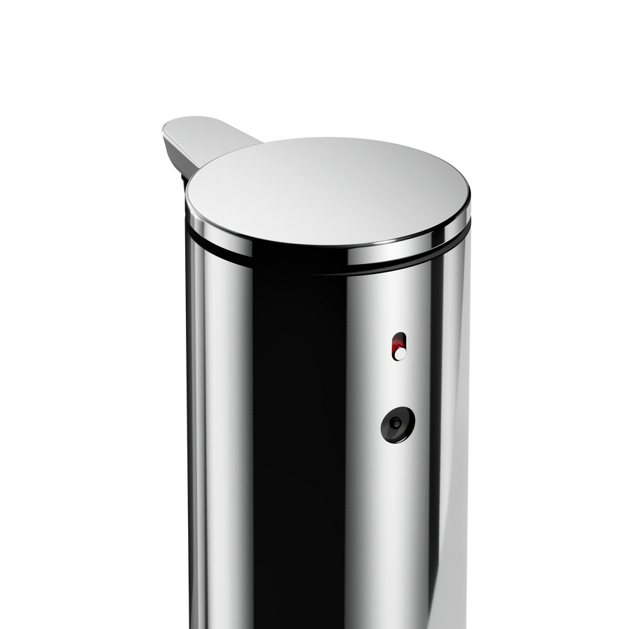 Detail view of Simplehuman 9 oz. Sensor Pump in Polished Stainless Steel, showing the adjustable dosage dial and touch-free sensor.