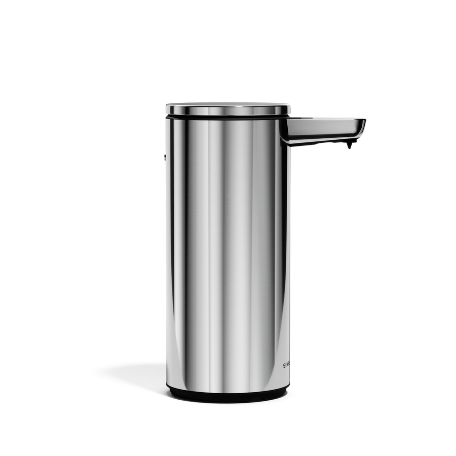 Profile view of Simplehuman 9 oz. Rechargeable Liquid Sensor Pump in Polished Stainless Steel, touch-free dispenser.