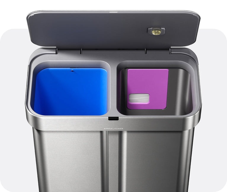 Simplehuman's Sensor Recycler has two compartments and a convenient liner pocket for easy liner storage. 