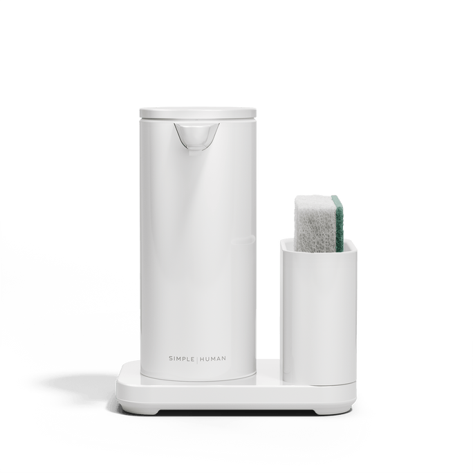 Front view of Simplehuman White 9 oz Sensor Pump and Caddy, organized touch-free dispensing.