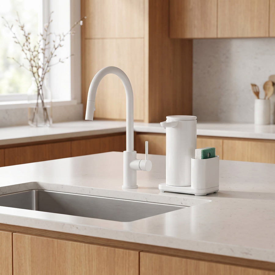 Simplehuman's 9 oz. Liquid Sensor Pump with Caddy in white. This product is featured next to a white sink on marble countertops and wooden cabinets.