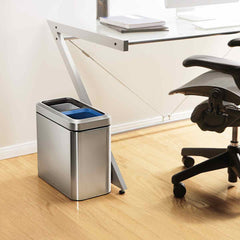 20L dual compartment slim open bin - brushed finish - lifestyle next to desk
