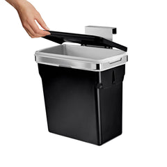 10L door mounted in-cabinet bin - lid open with hand