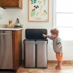 58L dual compartment rectangular sensor bin with voice and motion control - brushed stainless steel - lifestyle in kitchen with kid